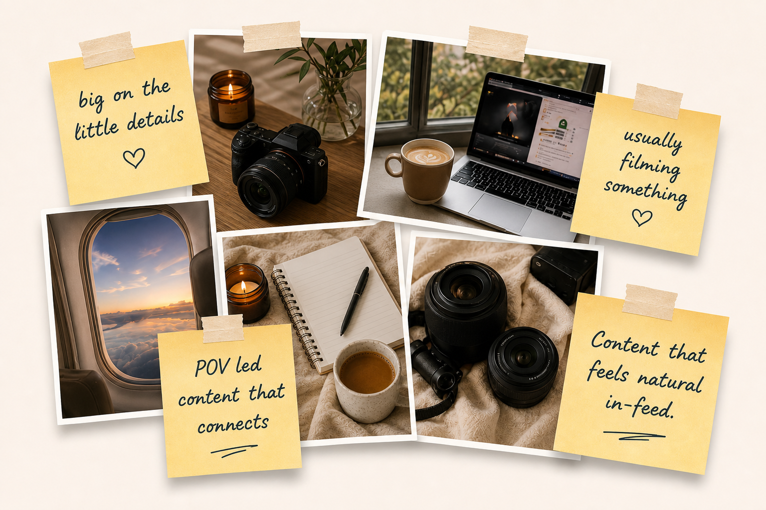 A warm collage of creative work, filming, and everyday details.